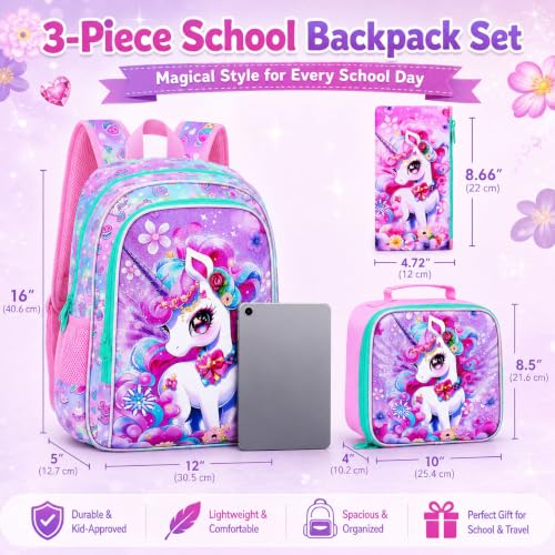 Image of HPJGD 3PCS Unicorn Backpack for Girls, Water Resistant Kids Bookbag Set with Lunch Box,Cute Elementary School Bag for Preschool Toddler