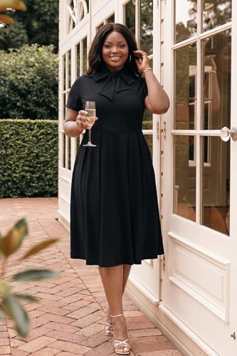 Image of FANDEE Midi Dress for Women Casual Short Sleeve A-line Semi Formal Fit and Flare Dress Classy Tie Neck Work Business Dresses