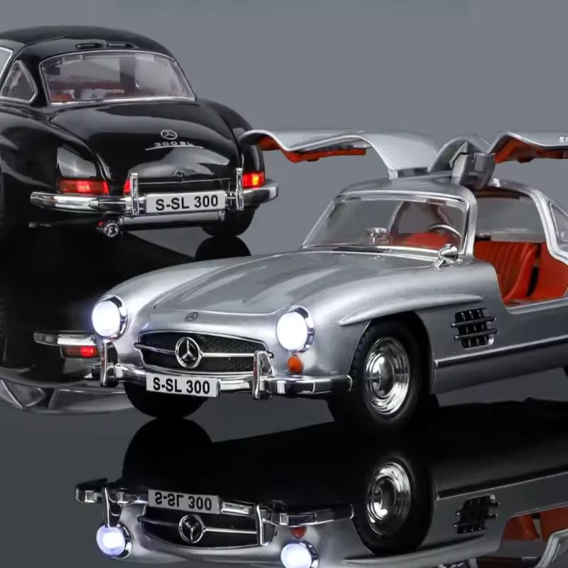 Image of Alokik Enterprise 1:24 Black Marcedes Benz Vintage 300SL Diecast Metal Pull Back Car with 6 Openable Doors with Sound and Light Toy Decoration car Best Gift Toys for Kids 【Black】