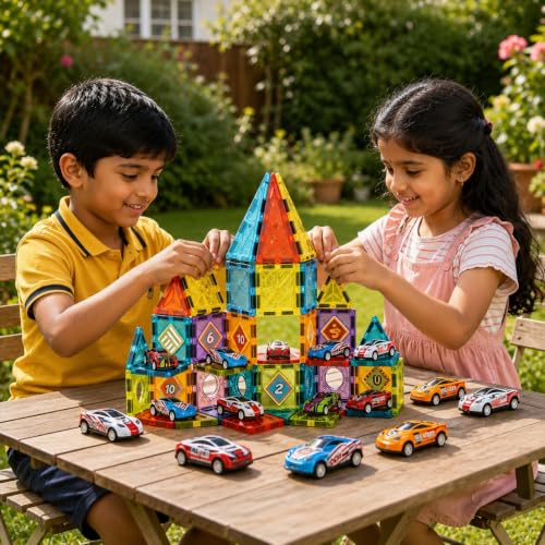 Image of Magnetic Building Blocks for Kids, 3D Magnetic Construction Set, STEM Educational Learning Toy, Creative Building & Pretend Play Toy for Boys & Girls, 3+ Years (65 PCS Mini Car Magnetic Tile Set)