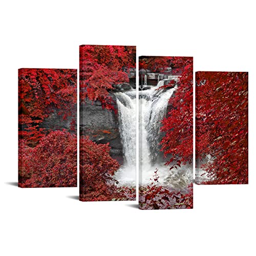 Large 4Pcs Black White And Red Wall Art Waterfall In Forest Picture Canvas Print Autumn Landscape Paintings Framed For Office Home Living Room Decor Ready To Hang 48X33Inch #TOP9