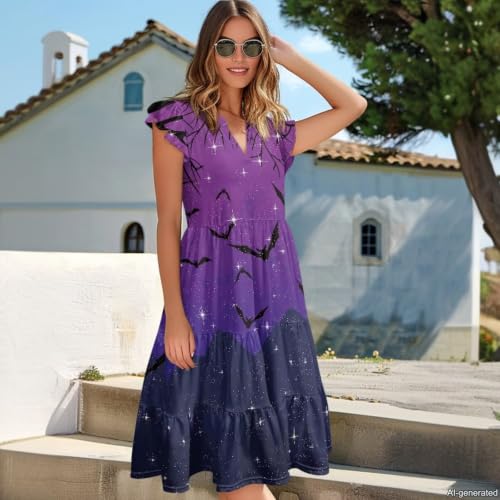Image of Womens Summer Dress Ruffle Sleeve V Neck Dress Casual Fit Flowy Beach Vacation Sundress with Pocket S-2XL