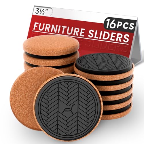 Felt Furniture Sliders for Hardwood Floors, PISAO 16 PCS 3 ½” Heavy Duty Furniture Movers - Unique Non-Scratch Design, Thick Felt Pads for Hard Surfaces, Move Large Furniture Easily