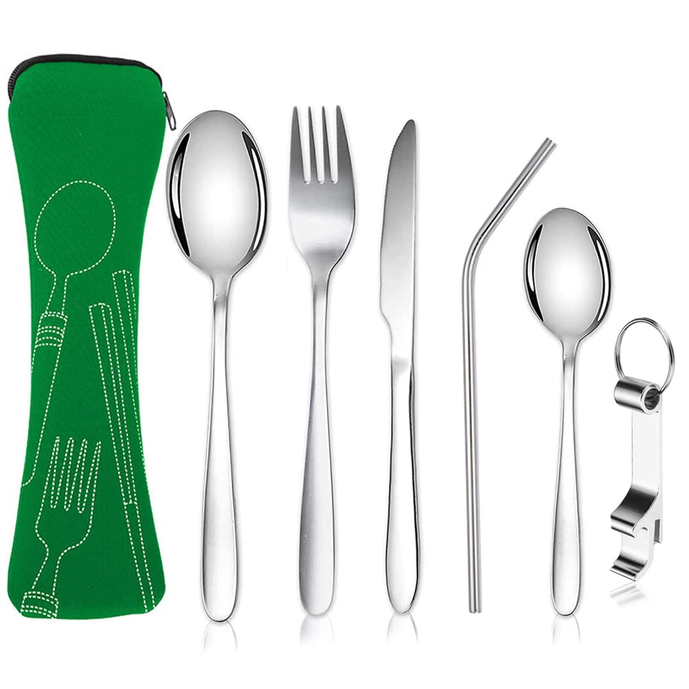 Set Posate Da Viaggio 7 Pezzi In Acciaio Inox Con Custodia Portatile - Coltello, Forchetta, Cucchiaio, Apri Bottiglia, Cannucce E Spazzola - Per Campeggio, Picnic, Scuola, Ufficio