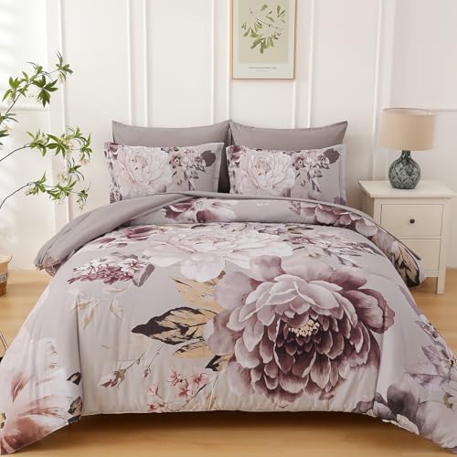 Dintszyayue Floral Comforter Set Queen Size 7 Pieces Elegant Taupe Flower Bed in a Bag Soft Bed Comforter Set for All Season with Flat Sheet, Fitted Sheets, Pillowcases & Shams