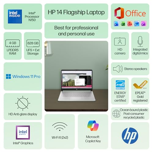 Image of HP 14 inch Laptop Computer for 2026 Student Business Productivity, MS Office & Win 11 Pro, Copilot AI, Intel 4-Core CPU, 4GB DDR5 RAM, 628GB Storage (128GB UFS+500GB Ext), Wi-Fi 6, HubxcelAddon, Green