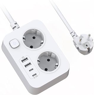 USB Power Socket, Power Cord with Power Switch, Portable Electric Extension with 2 Outlets, Multi-Wall Socket with Overload Protection, 1.8 m Wire, Office, Home and Travel (White)