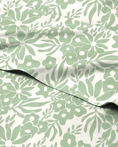 Image of Queen 4 Piece Floral Sheet Set - Breathable & Cooling - Mint Garden Bloom