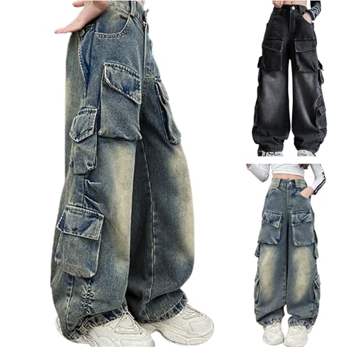 Kids Cargo Denim Jeans Wide Leg Baggy Pant for Girls Boys Casual Washed Black Streetwear Denim Trousers Trendy Hiphop