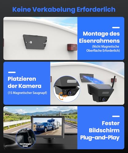 AUTO-VOX Rückfahrkamera Kabellos Solar Magnetische Rückfahrkamera Funk: 1-Minuteneinrichtung, 5\ 1080P Monitor, 115m Reichweite für Wohnwagen, LKW, Auto, Wohnmobil, Anhänger
