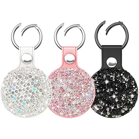 QearFun Bling Diamond Apple Airtag Case, Sparkly Leather Airtag Keychain Holder with Shiny Rhinestone, Glitter Girly Fancy Apple Air Tag Holder Gifts for Kids Girls Women(Pink&White&Black) Cover