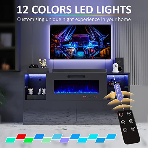 Fireplace TV Stand for TVs up to 75", Modern High Gloss Entertainment Center with 40" Fireplace, 4 Shelves & Storage Cabinets, Media Console Table 68 Inches, Black - Image 6