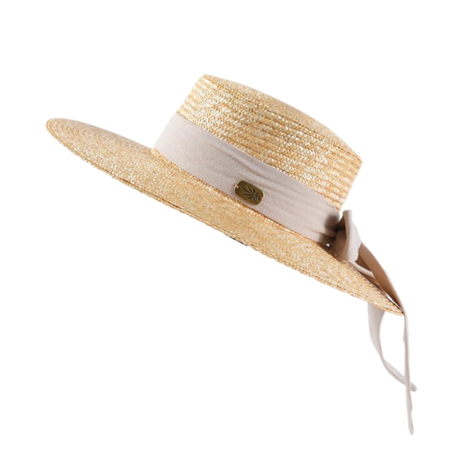 DOUKK Sombrero de Playa de ala Ancha Natural clásico Elegante Acento de Arco Mujeres Verano Sombrero con protección Solar Sombrero de Paja canotier