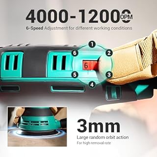 DCA Random Orbital Sander, 300W 12000 OPM Electric Sander with Dust Collection, 125MM Hand Electric Tool, 6 Variable Speeds, 10pcs Sandpapers for Woodworking,Sanding, Polishing, DIY, Home Improvements