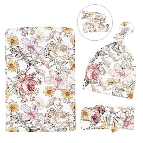 Image of Newborn Swaddle Set with Matching Headband Hat and Bow Set Floral Baby Girl Newborn Receiving Blankets Baby Swaddle Nursery Wildflower Baby Blanket