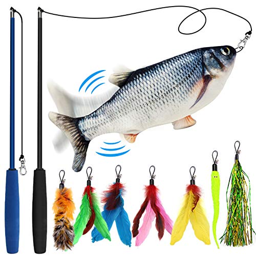 FAYOGOO Floppy Fish Cat Toy and Cat Wand Toy, Flopping Fish Cat Toy, Lifetime Replacement, Cat Feather Toys, Interactive Cat Toys for Indoor Cats, Moving Fish Cat Catnip Toy, Cat Fishing Pole Toy Set