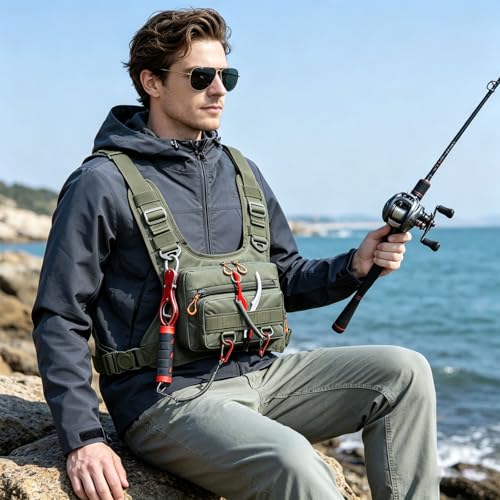 Bolsa de pecho para pesca y aventuras al aire libre con múltiples compartimentos 4