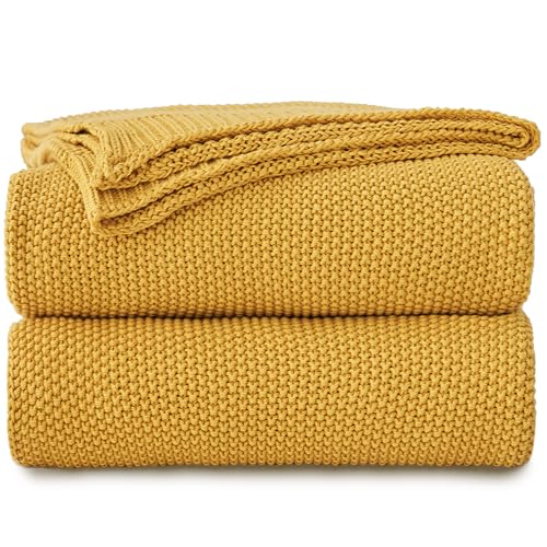 Longhui bedding Mustard Yellow Cotton Cable Knit Throw Blanket for Couch Sofa Bed, Home Decorative Lightweight Knitted Blankets with Bonus Laundering Bag, 60“ x 80”, Machine Washable