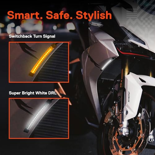 Image of TRUE MODS 2pc 5 inch LED Motorcycle Front Fork Switchback Cold White DRL Running & Amber Turn Signal Light Strip Kit [Waterproof] [Blinker] Flexible Self Adhesive Universal Surface Mount for UTV ATV Bike