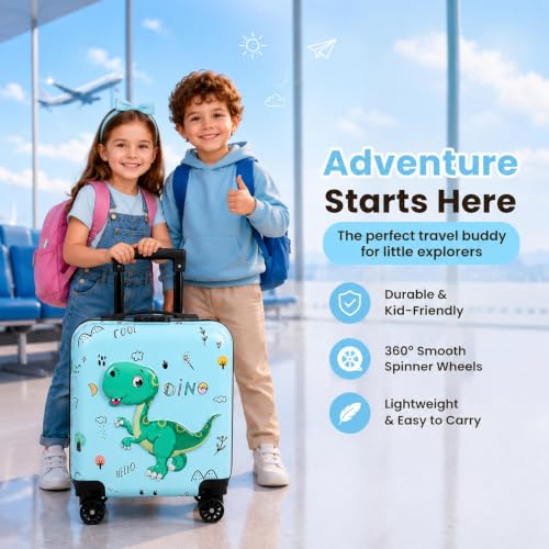 Image of Kids Carry On Luggage with Wheels, 18-inch Hard Shell Suitcase for Boys & Girls, Lightweight Toddler Rolling Travel Bag with Retractable Handle, Durable Hardside Spinner Suitcase, Blue Dino