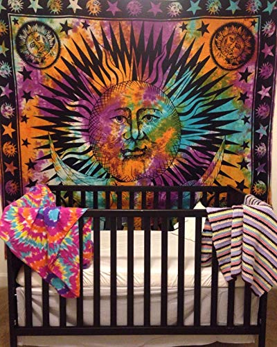 Hippie Mandala Sun And Moon Maditation Tapestry Wall Hanging - Psychedelic Celestial Indian Gypsy Hippy Bohemian Popular Mystic Tie Dye Beach Blanket Multi #TOP7
