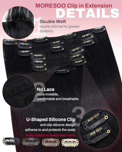 Image of Moresoo Dark Red Clip in Hair Extensions Human Hair Burgundy 16 inch 120g | Hair extensions clip ins, ombre black with wine red burgundy, 7pcs set, remy human hair, straight texture for daily volume