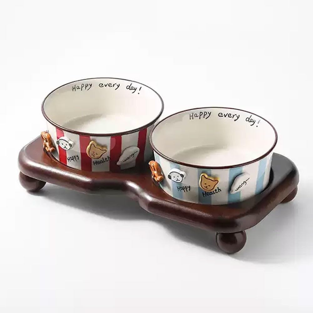 Zestaw ceramicznych misek dla kota z drewnianym stojakiem, podwyższonym, antypoślizgowym karmnikiem dla zwierząt(Red+blue)