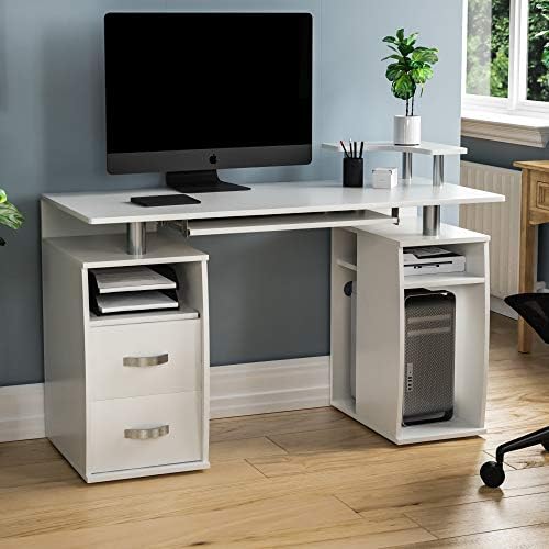 Vida Designs Otley Computer Desk with Shelves and 3 Drawers, Home Office PC/Laptop Gaming Table, Study Workstation with Keyboard Tray, Furniture, Walnut