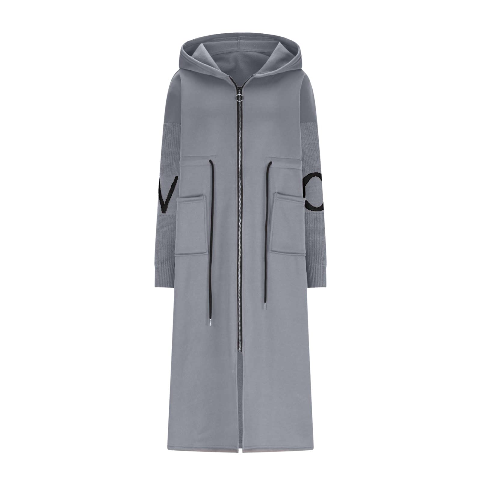 2026 Sudaderas con capucha larga chaqueta para mujer Letra de punto patchwork manga larga casual con cordón cintura ropa exterior con bolsillos