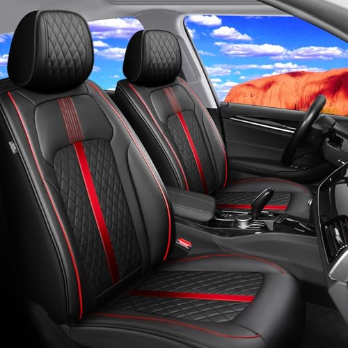 FiveFox Fit Frontier Car Seat Covers (Front Pair) for Select Nissan Frontier 2009-2024 2025 Crew Cab - Full Coverage Leather, Waterproof & All Weather Seat Cushion Protector, Black with Red Trim