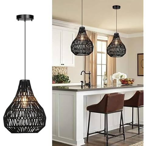 InterMaka Boho Rattan Pendant Light, 11.4"" Hemp Rope Pendant Lighting for Kitchen Island, Coastal Chandelier Wicker Light for Dining Room, Bedroom, Farmhouse Bar, Foyer Hallway, Black, CL0008 Cover