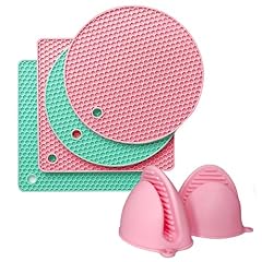 2 Square + 2 Round Mats + 1 Pair Oven Mitts, Green & Pink