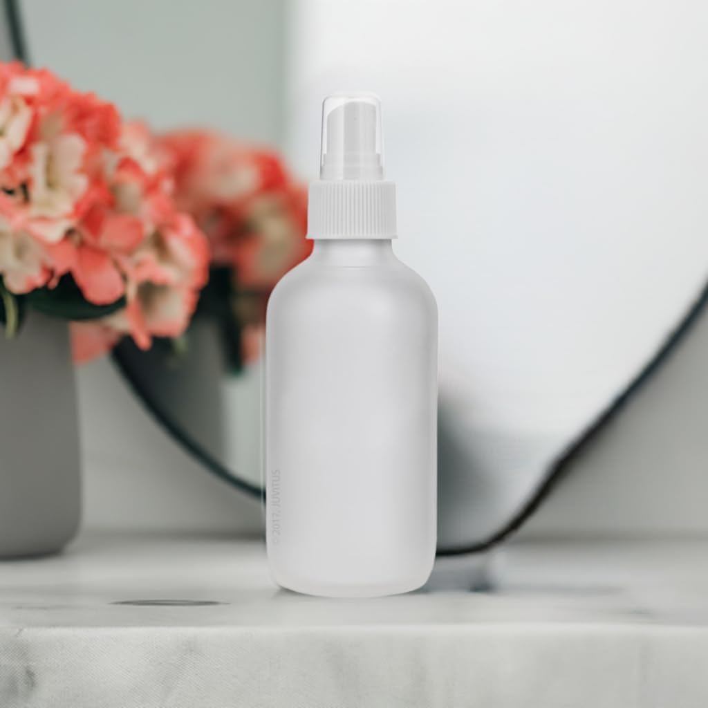 JUVITUS (12 Pack) 4 oz Frosted Clear Glass Boston Round Bottle with White Fine Mist Sprayer