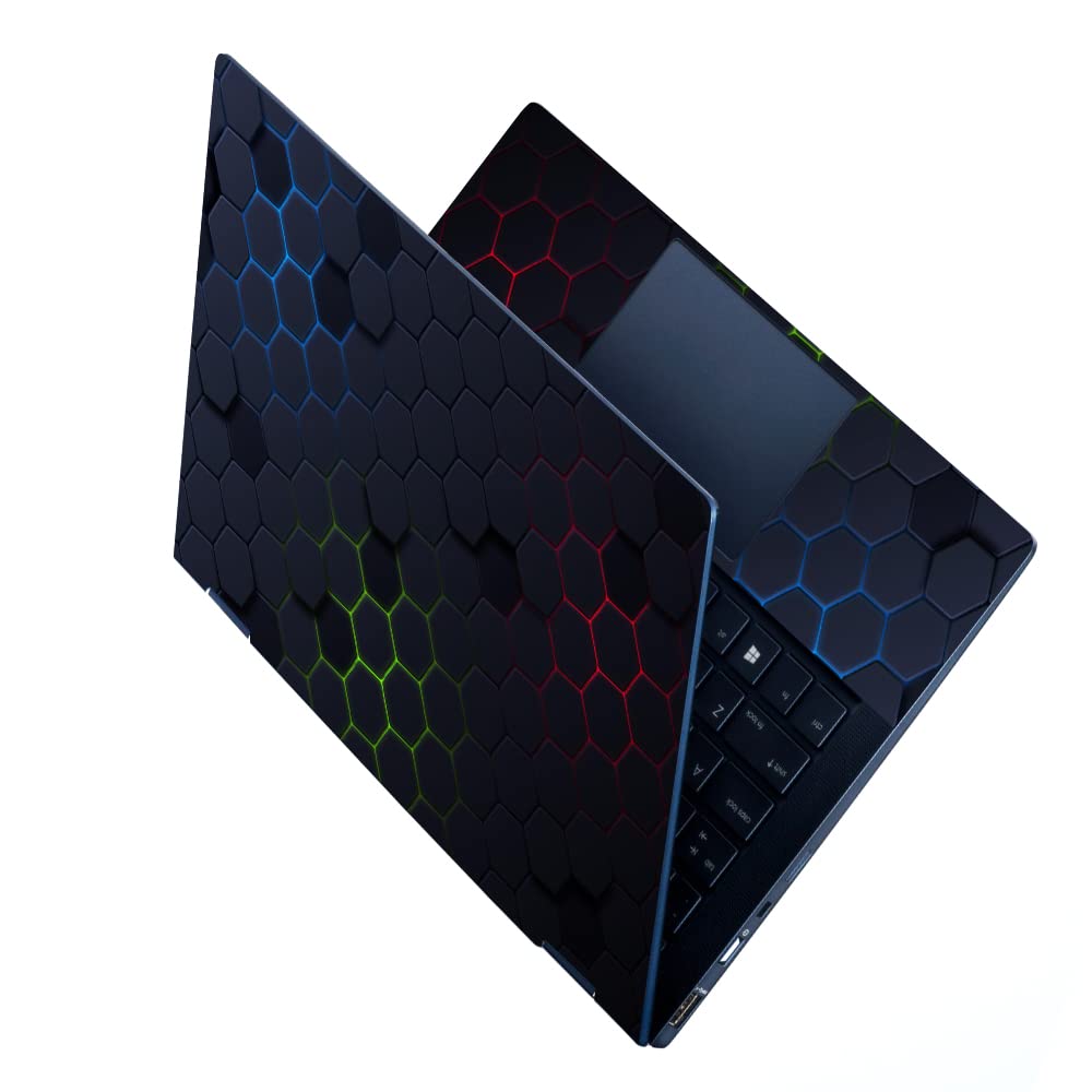 Dzazner Premium Vinyl HD Printed Full Panel 3D Series Laptop Skin Sticker Laptops Upto 15.6 inch No Residue, Bubble Free - Multicolor Neon 3D Black Hexagon