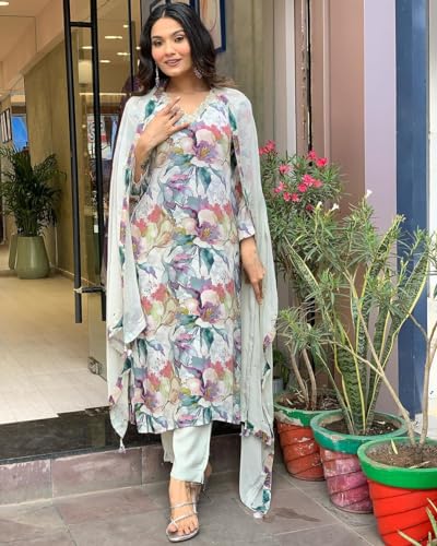 Image of GoSriKi Women's Cotton Blend Straight Printed Kurta with Pant & Dupatta
