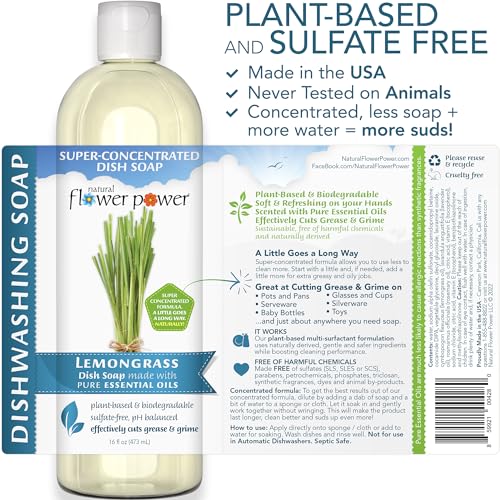Image of Natural Flower Power Liquid Dish Soap - Lemongrass - Plant-Based & Scented w / Pure Essential Oils - Natural Liquid Dishwashing Detergent - Sulfate-Free Gentle Kitchen Soap - Vegan (16 Fl Oz 3 Pack)