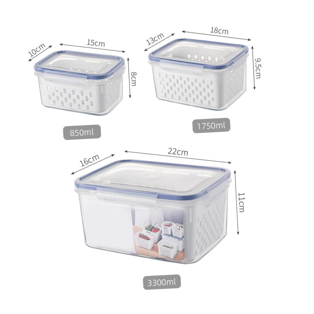 Alipis Set 3 Pezzi Contenitori per Frutta e Verdura con Coperchio, Design Trasparente in Pp, Capacità 850ml 1750ml 3300ml con Scolapiatti Rimovibile per Frigorifero