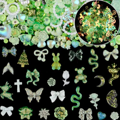 Sinyanail 12 Grid Acrylic Butterfly Bow Bear Flower Heart Crown With Abs Hollow Pearls Heart Nail Charms And Holographic Sequins For Nail Art Designs Crafting Diy Accessories(Green) #TOP7