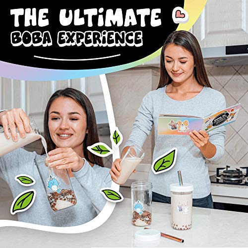 4-Pack Reusable Bubble Tea Cup Set – 22oz Glass Boba Tea Cups with Lids & Straws – Bubble Tea Gift Set Includes Recipe Book & Stickers - Reusable Boba Cup for Milk Tea & Smoothie & Iced Coffee