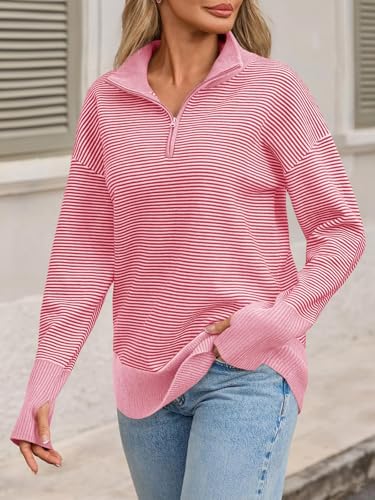 Saodimallsu Womens Quarter Zip Sweaters Striped Color Block Knit Sweatshirt Casual Trendy Pullover Tops with Thumb Hole3