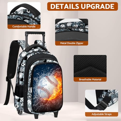 Boys Rolling Backpack for Kids - Baseball Kids Rolling Backpack with Wheels for Elementary Middle School Students - Sport Roller School Bookbag Aged 6-18, Wheeled Travel Bag Large Capacity2