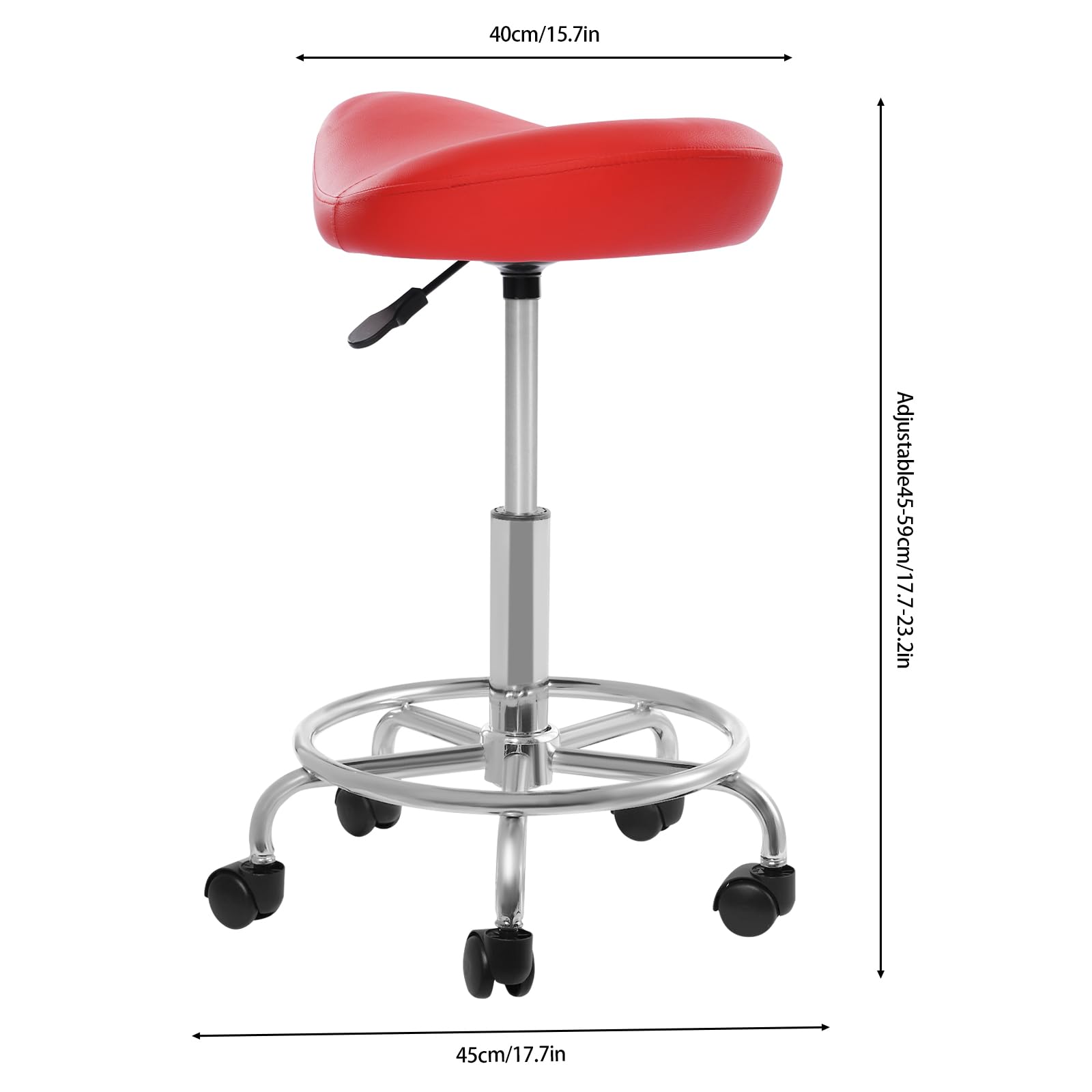 Sgabello da sella con ruote, regolabile in altezza a 360°, per ufficio, salone, massaggio, spa a casa, altezza regolabile da 45 a 59 cm (rosso)