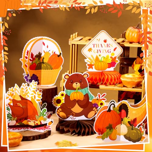 Image of 12 Pcs Thanksgiving Fall Party Honeycomb Centerpieces Decorations Autumn 3D Honeycomb Centerpieces Turkey Pumpkin Table Toppers Sign for Thanksgiving Fall Party Supplies