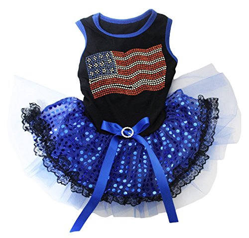 Petitebella Rhinestones USA Flag Puppy Dog Dress (Black/Blue Sequins Lace, Large)