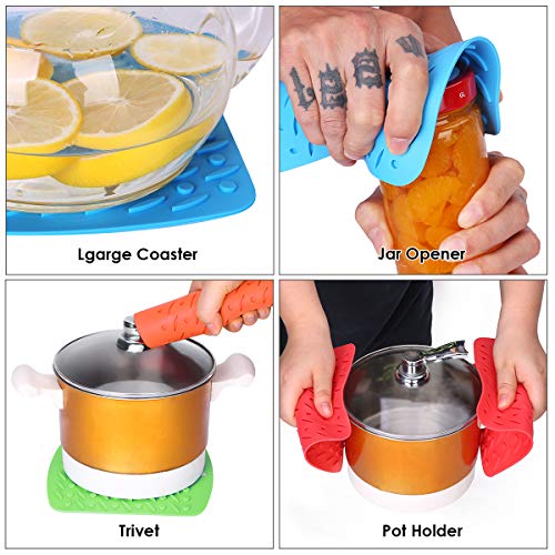 Aibrisk Silicone Trivet Mat Hot Pot Holders Hot Pads For Kitchen Non-Slip Heat Resistant Jar Opener Spoon Rest Garlic Peeler Potholders 4 Pack 7''X7" Modern Kitchen Tool #TOP4