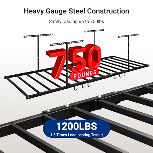FLEXIMOUNTS-4x8-Overhead-Garage-Ceiling-Storage-Rack-with-6-Hooks-Black-750lbs-Capacity-226394-Adjustable-Dropdown-Heavy-Duty-Metal-Ceiling-Racks-Storage-Organization-System-Lite-Series