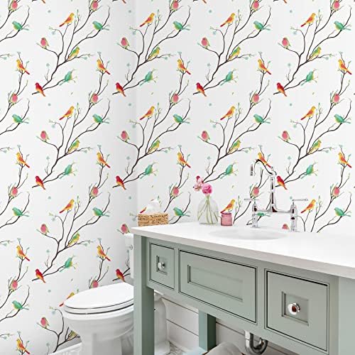 SUNBABY Self Adhesive Wallpaper: Birds Floral Wallpaper Peel and Stick Wallpaper Removable PVC Vinyl Film Wallpaper Stick on Wallpaper for Bedroom Kitchen