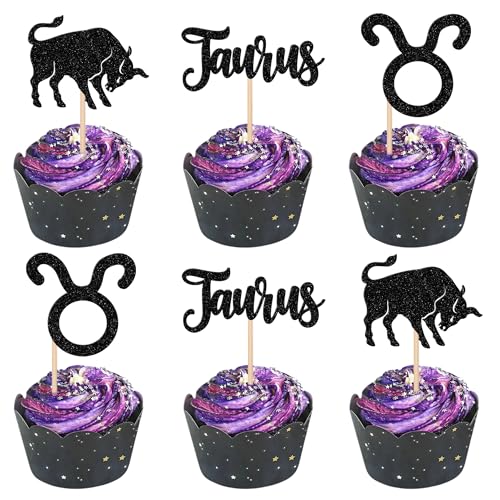 24 PCS Taurus Cupcake Toppers Glitter 12 Constellation Taurus Cupcake Picks April May Birthday Cake Decorations for Horoscope Astrology Birthday Party Cake Decorations Supplies Black