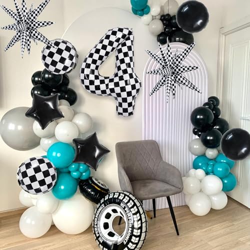 Image of TONIFUL 4th Birthday Balloons Kit 40 Inch Checkered Number 4 Foil Balloon