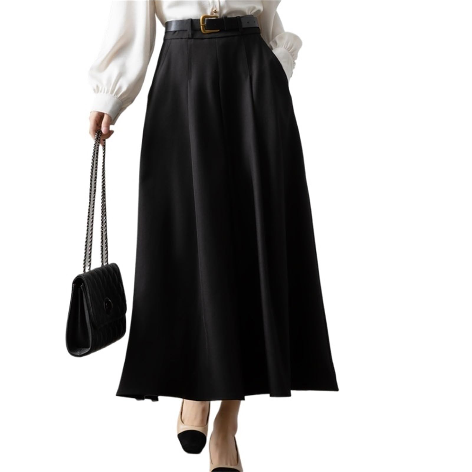 Falda Larga Faldas elegantes de otoño for mujer, cintura alta, con bolsillos, lisas, informales, holgadas, plisadas, oficina, corte A
